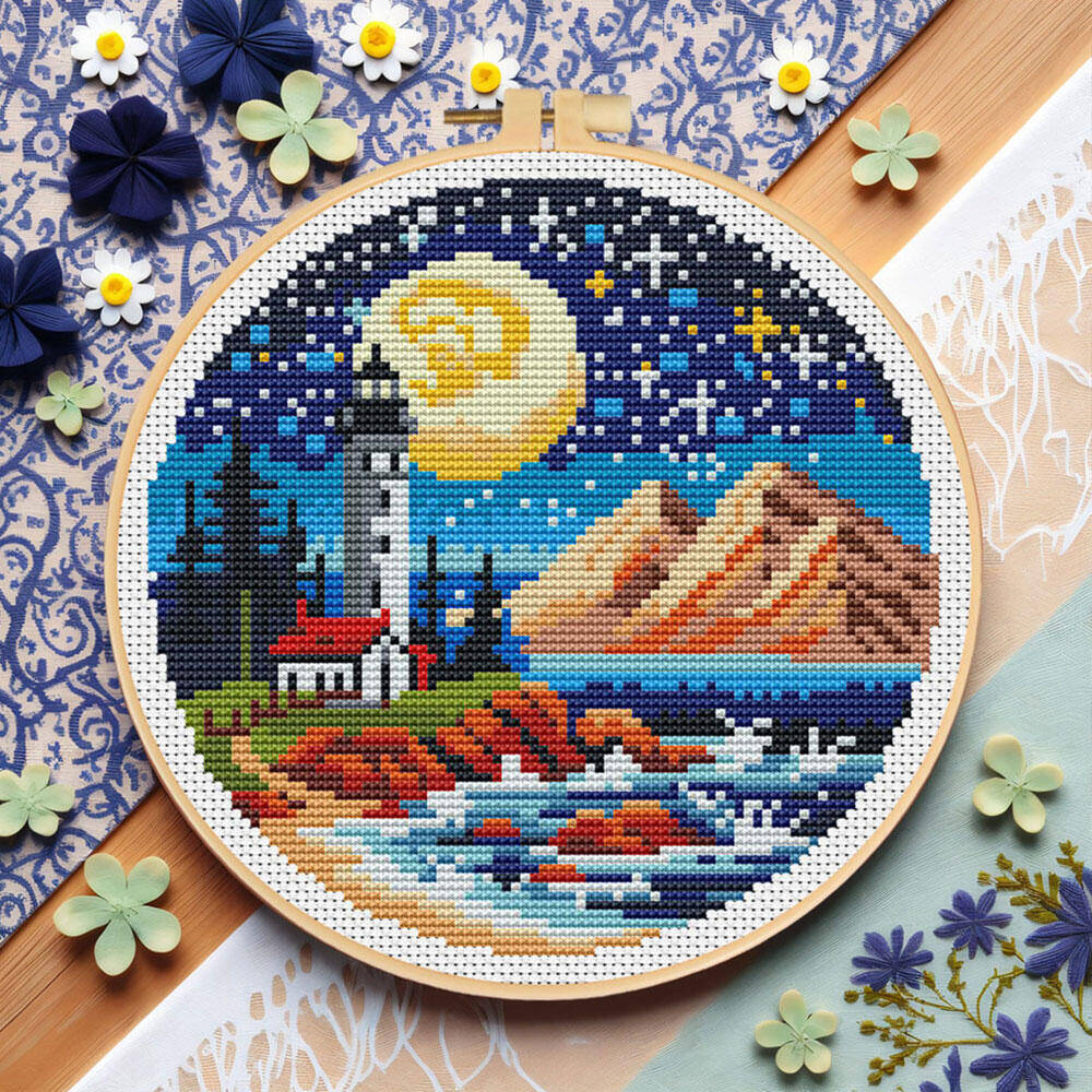 Embroidery Hoop Kit - Cross Stitch Lighthouse Sea Moon DIY